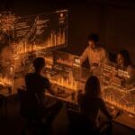 Desarrolladores colaborando en un entorno futurista con gráficos de consumo IA y planes de precios flexibles de Warp Terminal para optimizar costos y automatización.