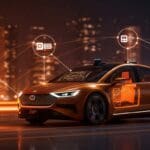 Vehículo autónomo futurista impulsado por inteligencia artificial recibiendo inversión significativa para tecnología de conducción autónoma.