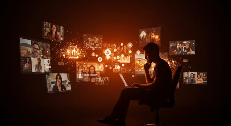 Fundador trabajando en contenido auténtico en la web humana, representando tendencias digitales y comunidad IndieWeb en un entorno con inteligencia artificial.