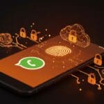 Smartphone con WhatsApp mostrando activación de claves biométricas para copias de seguridad cifradas en la nube, destacando ciberseguridad y privacidad.