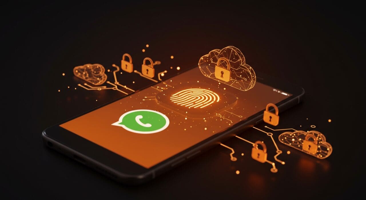 Smartphone con WhatsApp mostrando activación de claves biométricas para copias de seguridad cifradas en la nube, destacando ciberseguridad y privacidad.