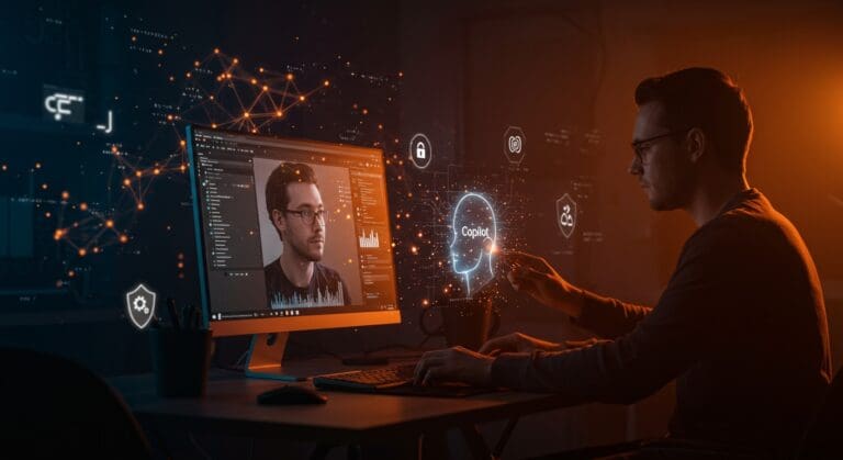 PC con Windows 11 mostrando Copilot y herramientas de IA para automatización y productividad en startups.