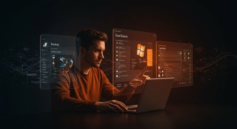 Tech founder concentrado revisando interfaces de Windows Backup y OneDrive, representando lecciones de experiencia de usuario y diseño de producto para startups tech.