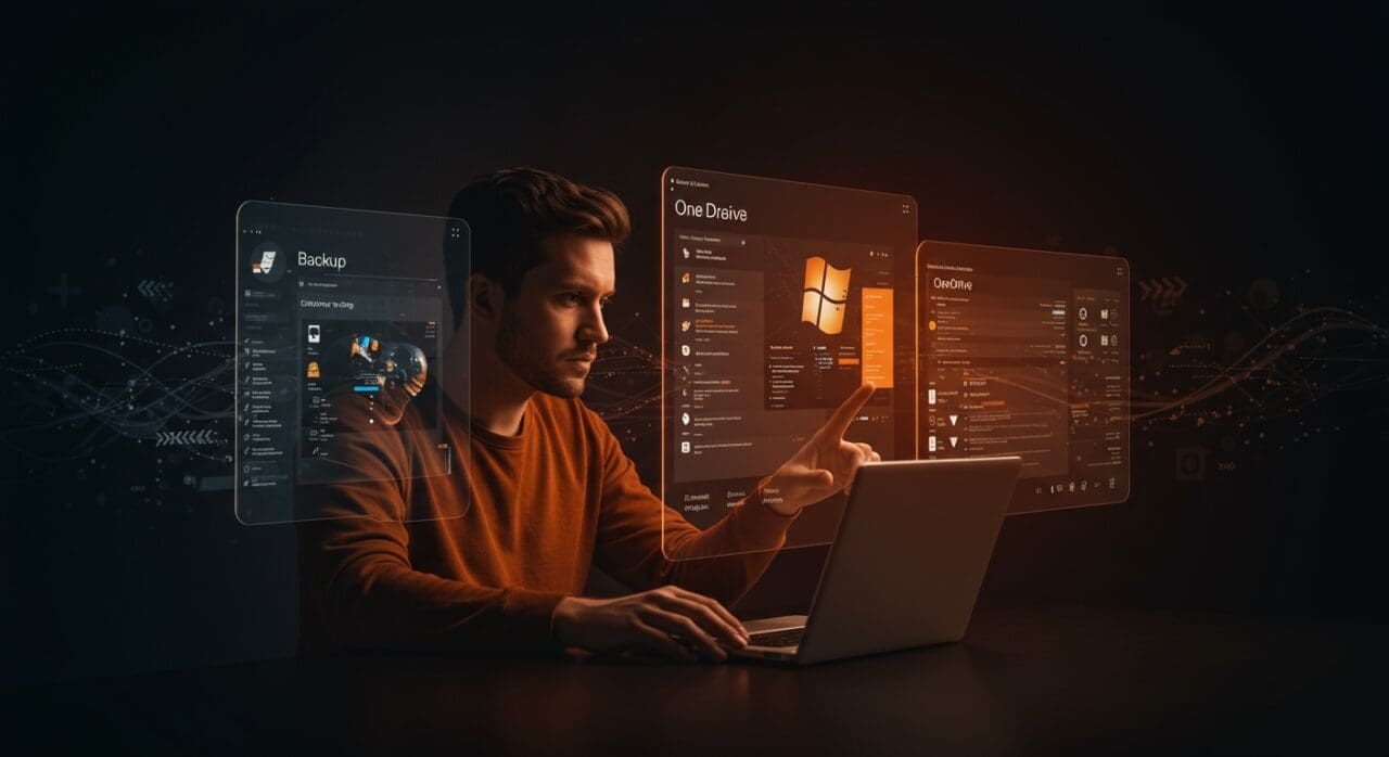 Tech founder concentrado revisando interfaces de Windows Backup y OneDrive, representando lecciones de experiencia de usuario y diseño de producto para startups tech.