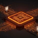 Chip FPGA iluminado en naranja que representa Wireguard VPN acelerada por hardware para seguridad informática en startups tecnológicas.