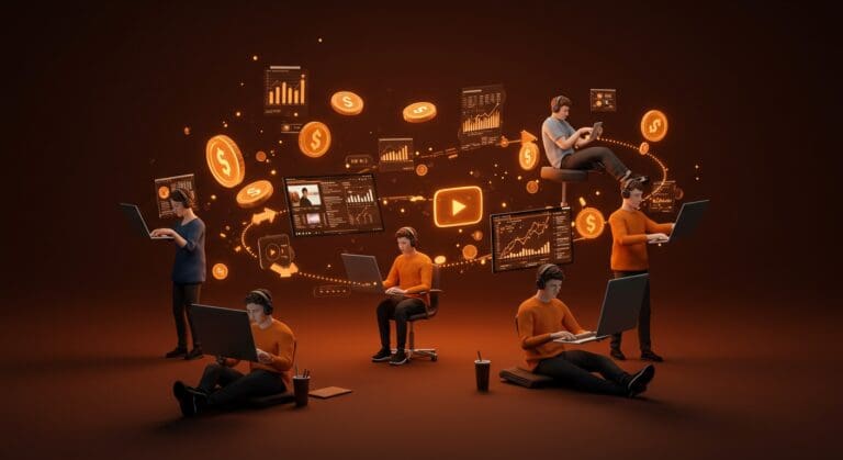 YouTubers diversificando ingresos a través de modelos de negocio digitales innovadores en 2025, representado con iconografía y paleta naranja y negro de Ecosistema Startup.