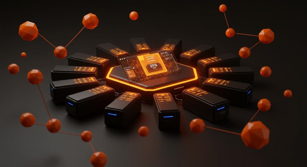 Almacenamiento innovador para startups con ZFS y doce USB realizando gestión avanzada y protección de datos.