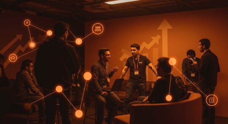 Fundadores y startups haciendo networking en evento de innovación tecnológica en Latinoamérica, creciendo y conectando en EtMday 2025.