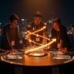 Convocatoria de inversión en startups LATAM mostrando emprendedores colaborando con redes globales e iconografía de Silicon Valley en tonos naranja y negro.