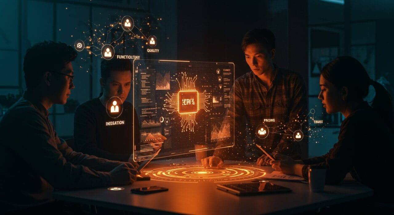 Startup colaborando alrededor de interfaz digital futurista que simboliza el cambio tecnológico y la gestión de tecnología en innovación startup.