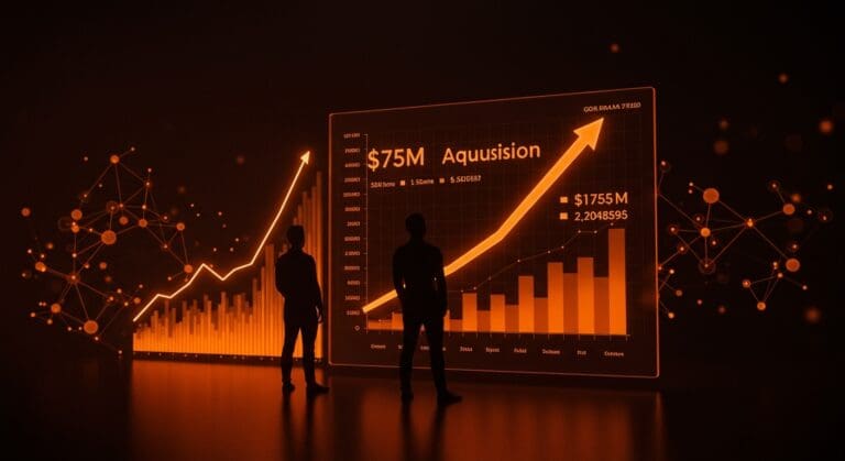Fundador tech frente a gráficos digitales que simbolizan adquisición y tendencias de funding en startups.