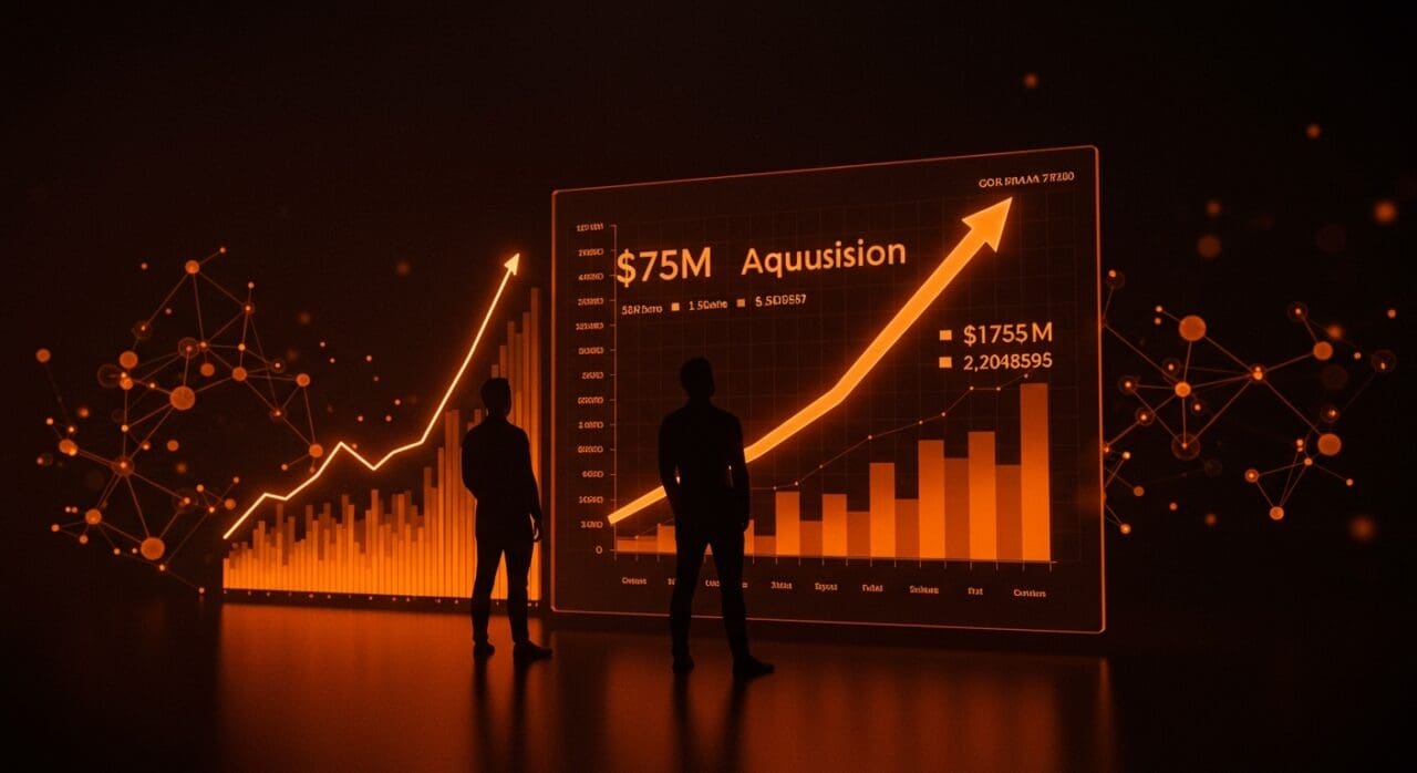 Fundador tech frente a gráficos digitales que simbolizan adquisición y tendencias de funding en startups.