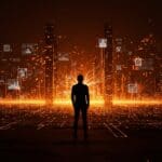 Silueta contemplativa frente a un paisaje digital con redes neuronales y símbolos de inteligencia artificial general, representando la narrativa conspirativa en tecnología actual.