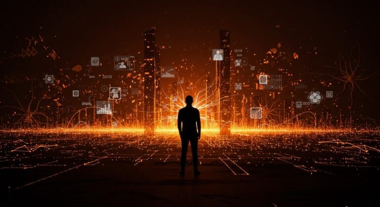 Silueta contemplativa frente a un paisaje digital con redes neuronales y símbolos de inteligencia artificial general, representando la narrativa conspirativa en tecnología actual.