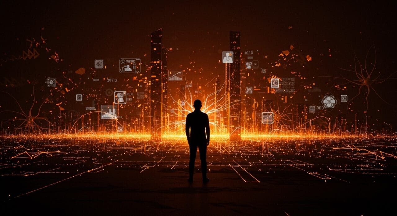 Silueta contemplativa frente a un paisaje digital con redes neuronales y símbolos de inteligencia artificial general, representando la narrativa conspirativa en tecnología actual.