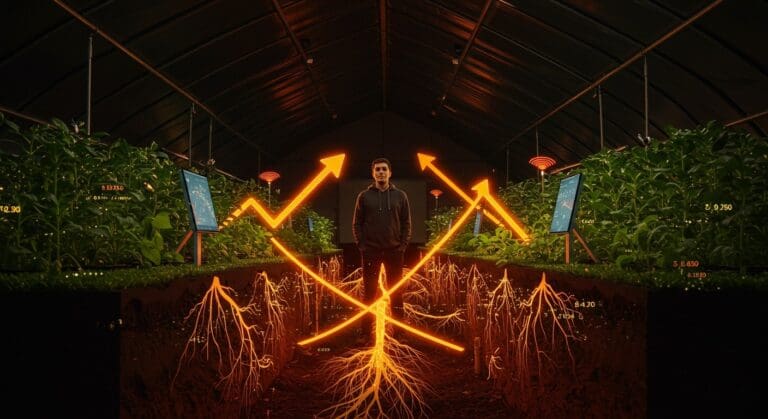 Fundador agro-tech en invernadero digital mostrando agricultura digital y financiación sostenible para startups agroecológicas.