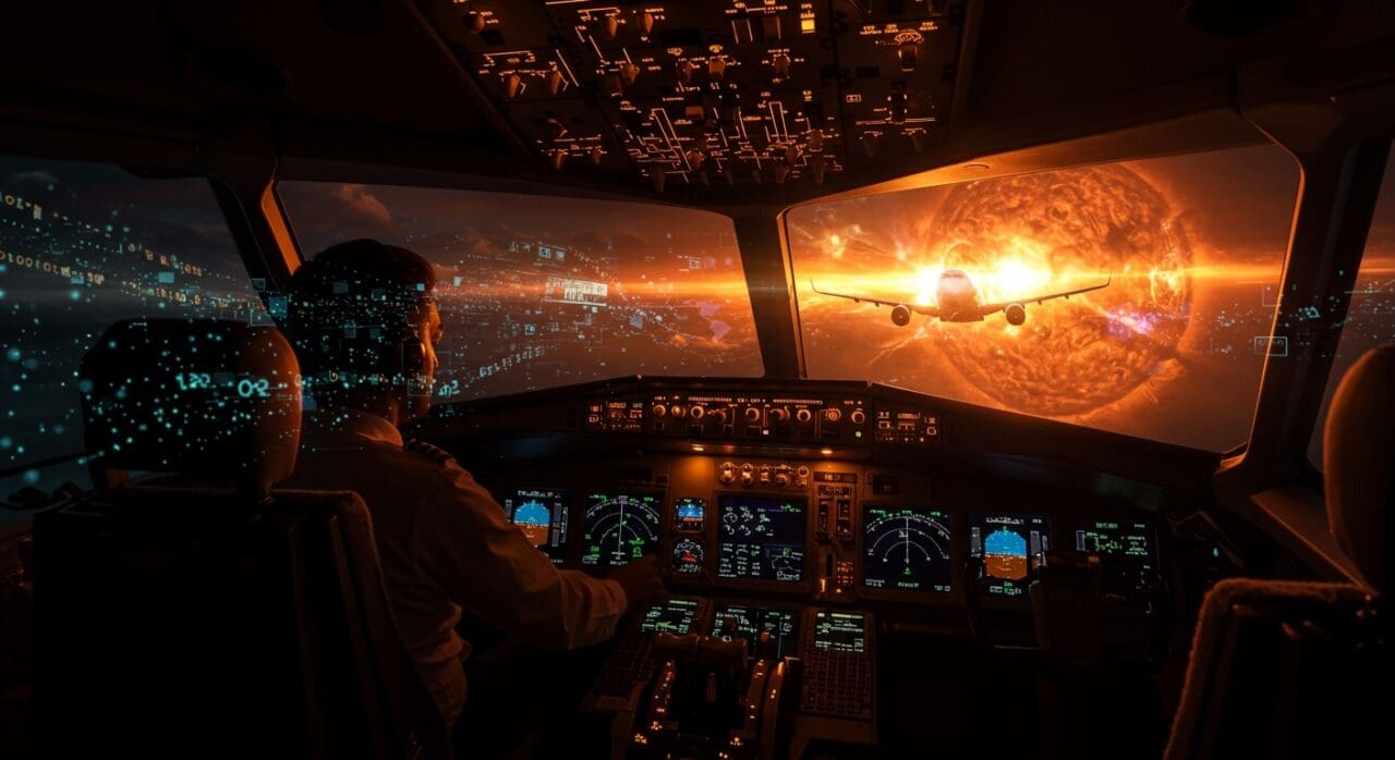 Airbus A320 con actualización de software frente a riesgo de radiación solar representado por destellos solares, destacando control de vuelo y mitigación de riesgos en aviación.