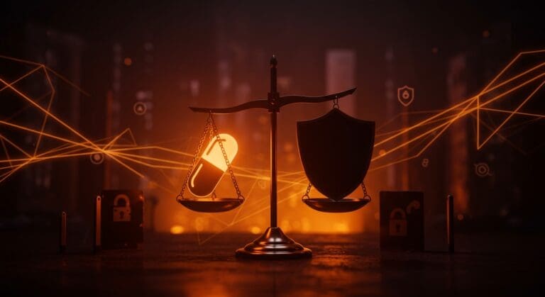 Balanza de justicia simbolizando la clasificación de drogas en agresiones sexuales como armas en Alemania, integrada con tecnología y políticas de seguridad contra la violencia de género.