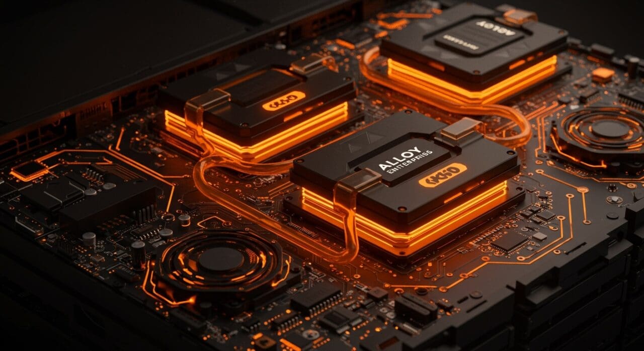Placas de refrigeración líquida avanzadas en hardware de inteligencia artificial que ilustran la innovación tecnológica de Alloy Enterprises para gestionar el calor.