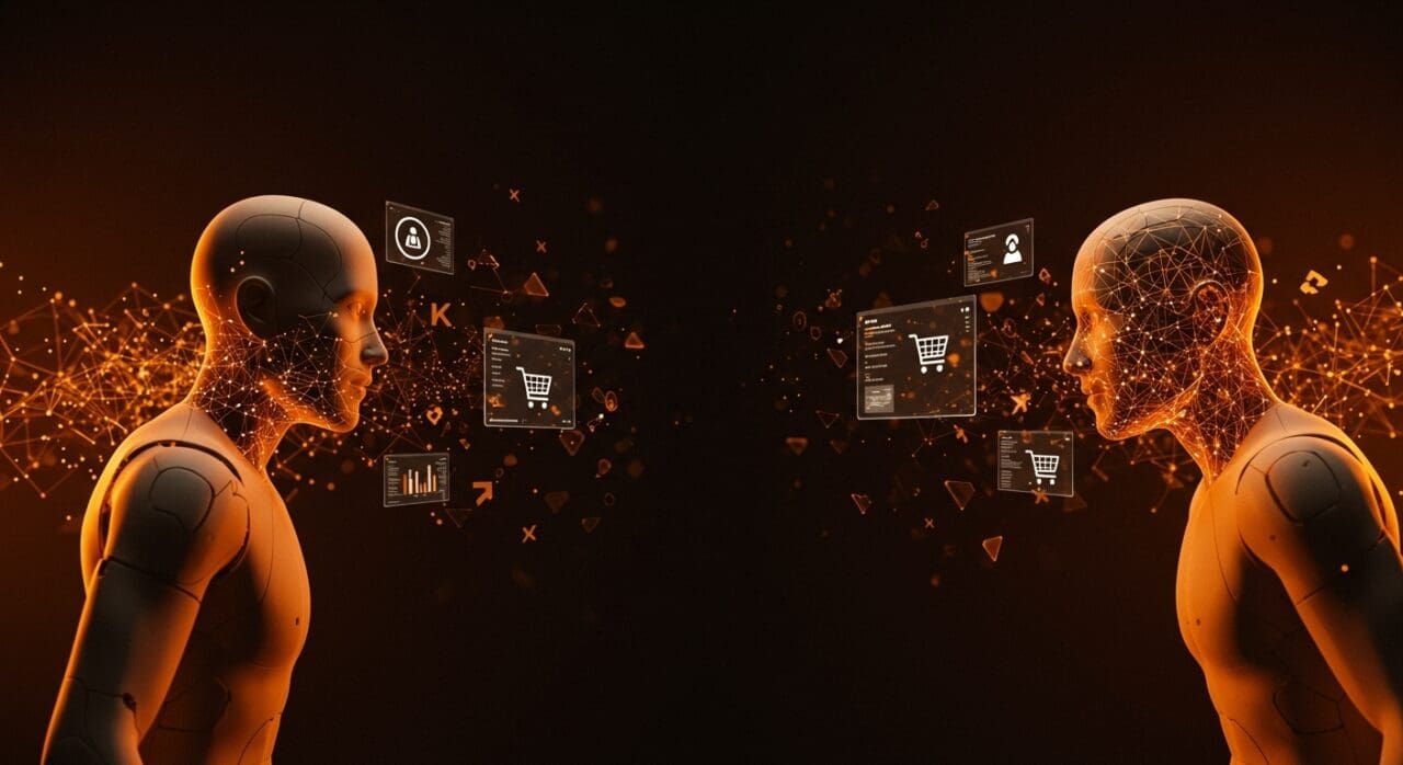 Confrontación visual entre Amazon y Perplexity sobre uso de IA en comercio electrónico, representando disputa legal y automatización.