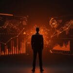 Ejecutivo de Anthropic frente a gráficos digitales que ilustran el crecimiento en ingresos B2B proyectados y tendencias del mercado tecnológico.