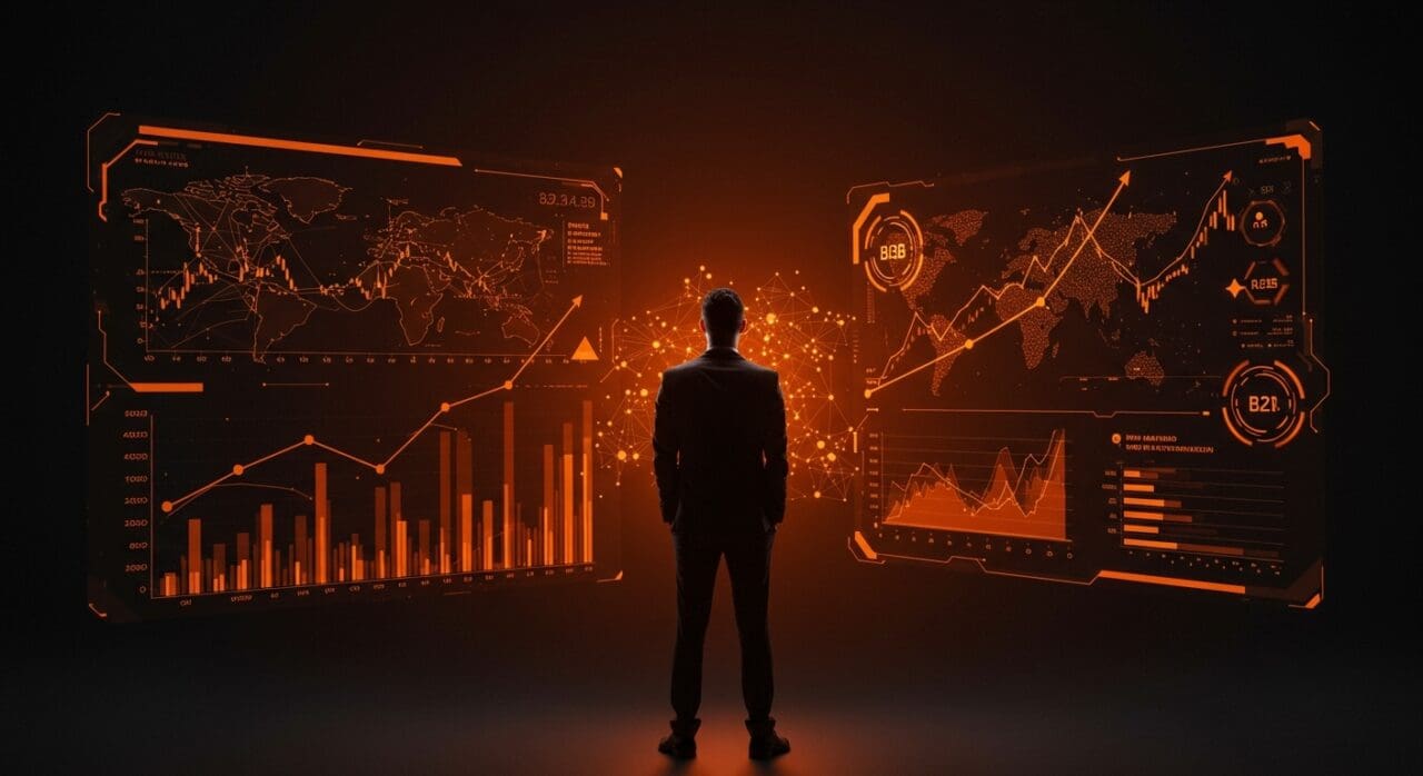 Ejecutivo de Anthropic frente a gráficos digitales que ilustran el crecimiento en ingresos B2B proyectados y tendencias del mercado tecnológico.