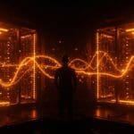 Centro de datos con iluminación naranja representando la inversión de 50.000 millones de dólares en IA de Anthropic y el crecimiento en tecnología startup.