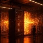 Centro de datos exclusivo de Anthropic iluminado en naranja, simbolizando inversión masiva en infraestructura IA y crecimiento del ecosistema startup en EE.UU.