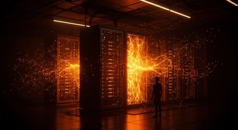 Centro de datos exclusivo de Anthropic iluminado en naranja, simbolizando inversión masiva en infraestructura IA y crecimiento del ecosistema startup en EE.UU.