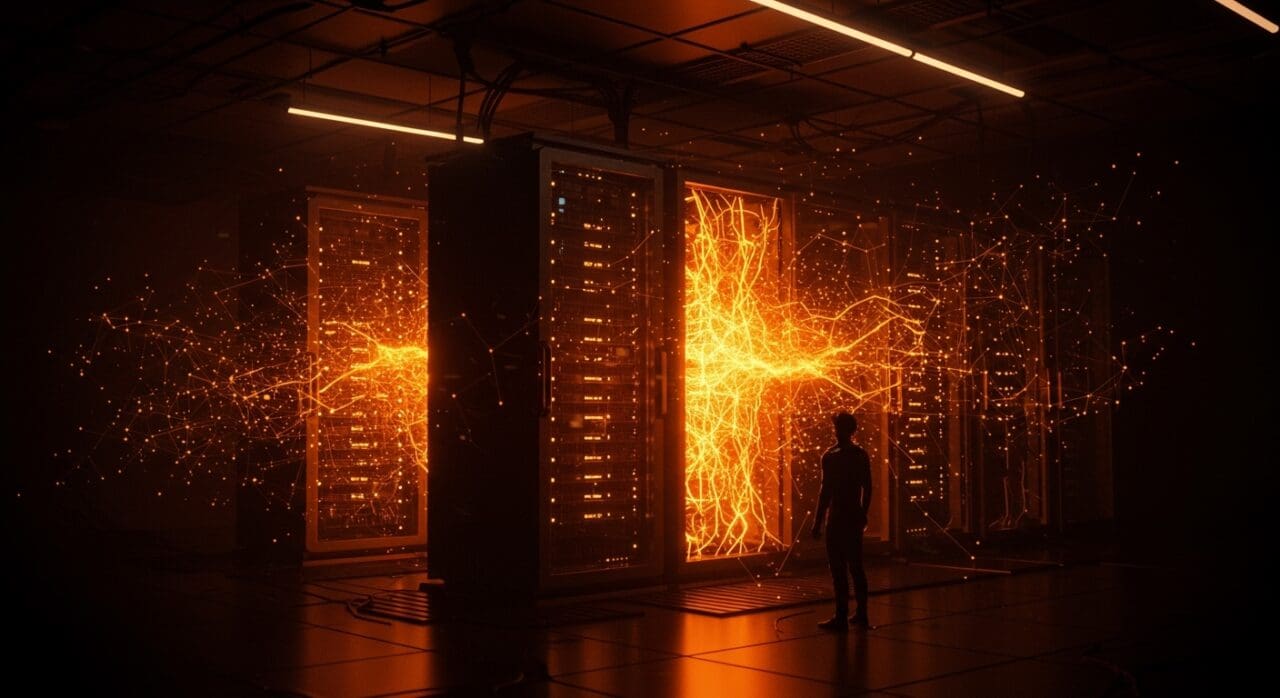 Centro de datos exclusivo de Anthropic iluminado en naranja, simbolizando inversión masiva en infraestructura IA y crecimiento del ecosistema startup en EE.UU.