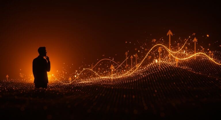 Líder empresarial contemplando un paisaje digital de redes neuronales e innovación tecnológica con enfoque en inteligencia artificial y estrategia empresarial resiliente.