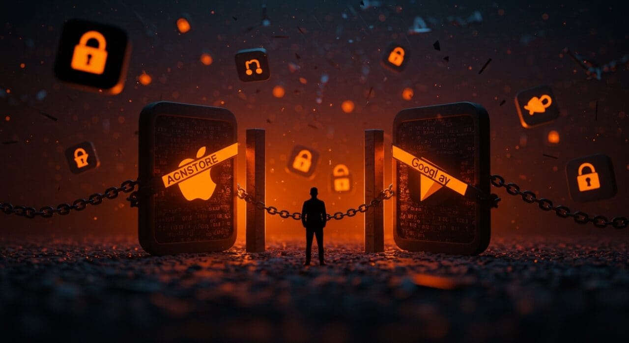 Ilustración conceptual de censura en app stores con fundador frente a puertas bloqueadas de Apple y Google, destacando riesgos para startups y libertad digital.