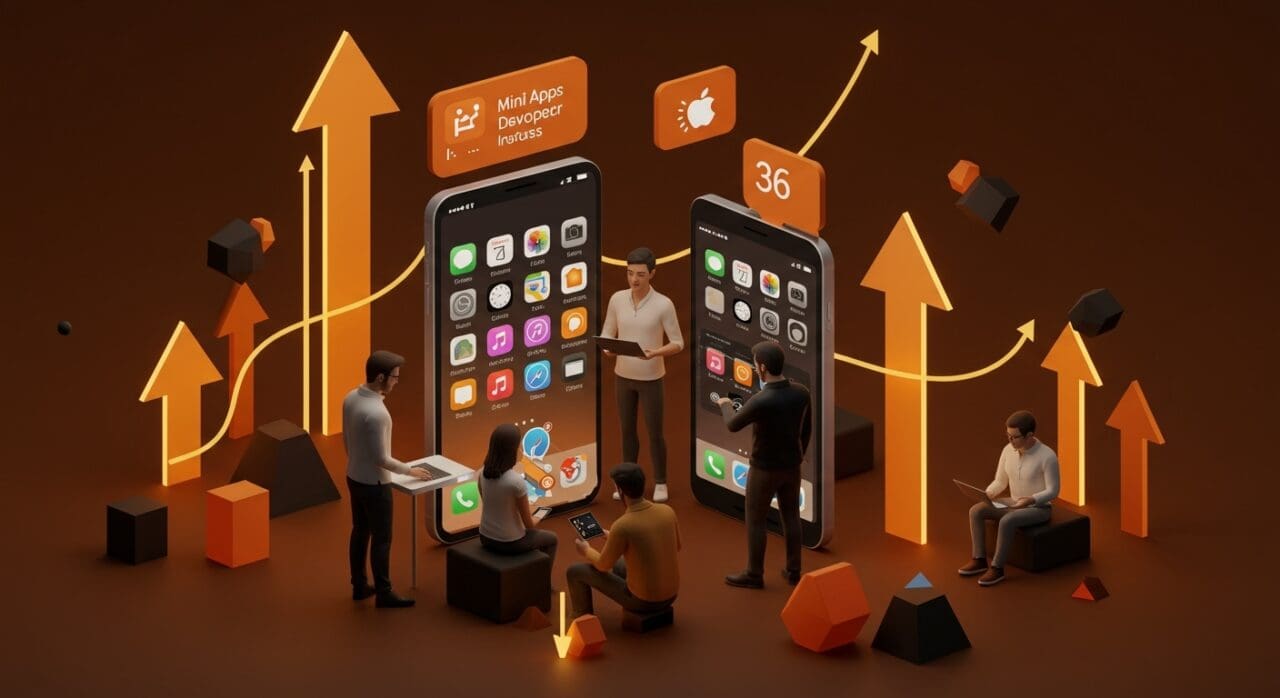 Emprendedores de startups colaborando con interfaces digitales de mini apps iOS, simbolizando monetización y desarrollo tecnológico en el ecosistema Apple.