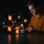 Desarrollador de mini apps trabajando, destacando la reducción de comisiones de Apple y oportunidades para startups en el App Store.