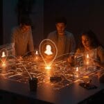 Apps de amistad y ubicación con interfaz digital innovadora en tonos naranja y negro, destacando oportunidades tecnológicas y privacidad en LATAM.