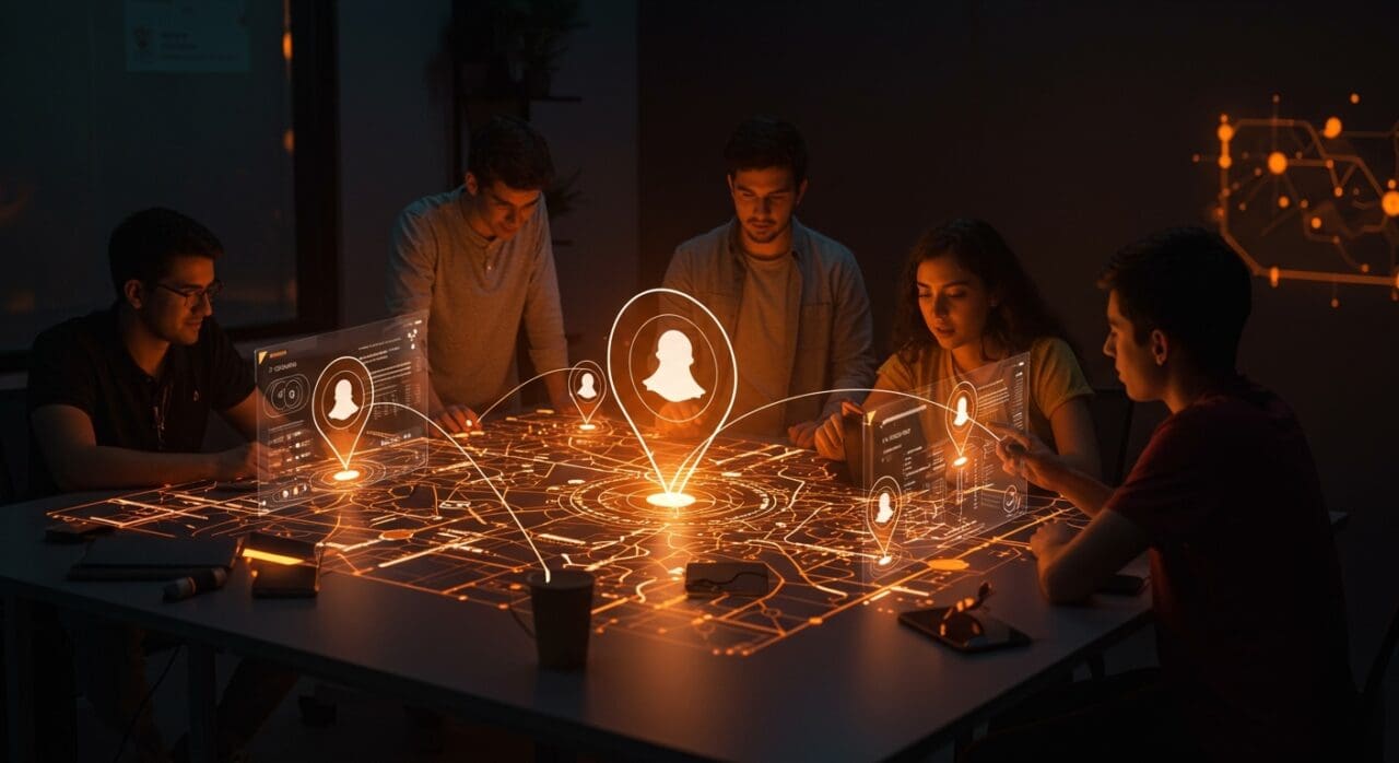 Apps de amistad y ubicación con interfaz digital innovadora en tonos naranja y negro, destacando oportunidades tecnológicas y privacidad en LATAM.