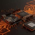 Placa Arduino fusionándose con chip Qualcomm simbolizando la crisis y oportunidades del hardware abierto en la comunidad maker LATAM.