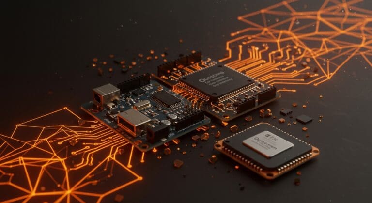 Placa Arduino fusionándose con chip Qualcomm simbolizando la crisis y oportunidades del hardware abierto en la comunidad maker LATAM.