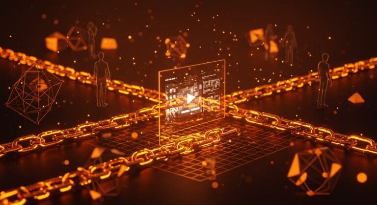 Protocolo abierto ArkA para video descentralizado sobre IPFS visualizado como red digital interconectada en colores naranja y negro, simbolizando tecnología blockchain y startups tecnológicas.