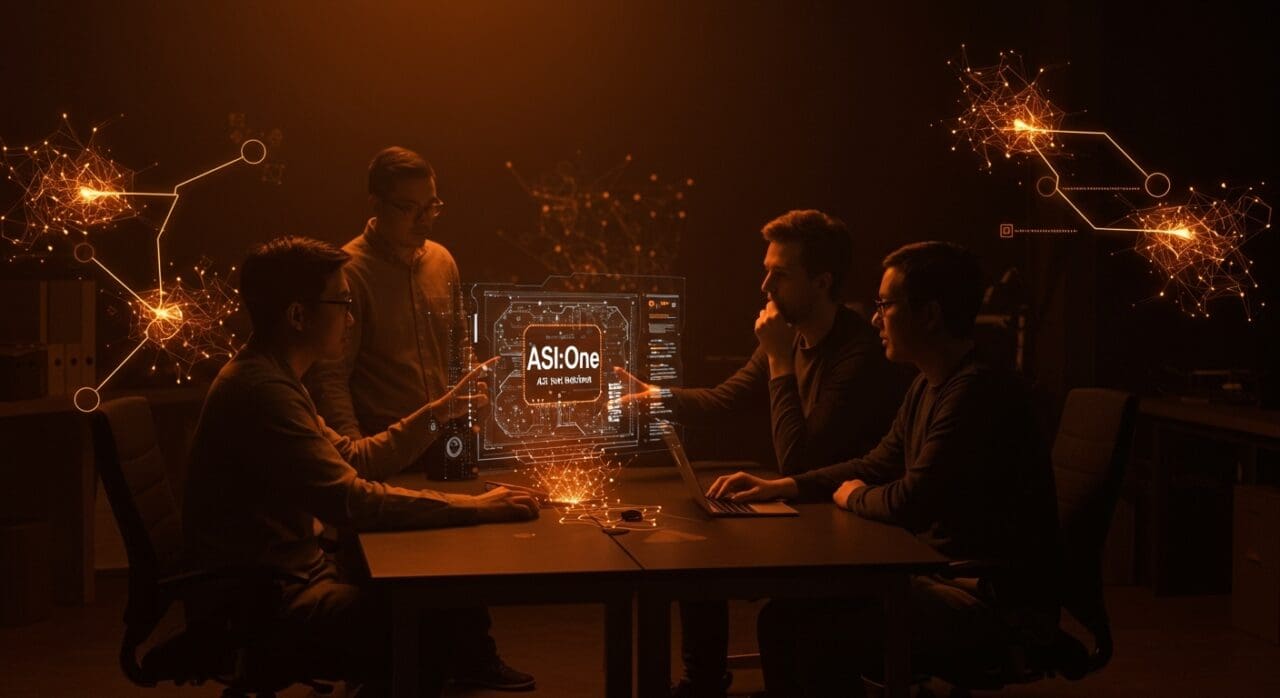 Fundadores interactuando con plataforma avanzada de inteligencia artificial ASI:One, destacando ecosistemas de IA aplicada y automatización.