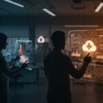 Profesionales colaborando con interfaces digitales que representan la inteligencia artificial y transformación digital en el sector salud impulsadas por AstraZeneca y Microsoft en España.