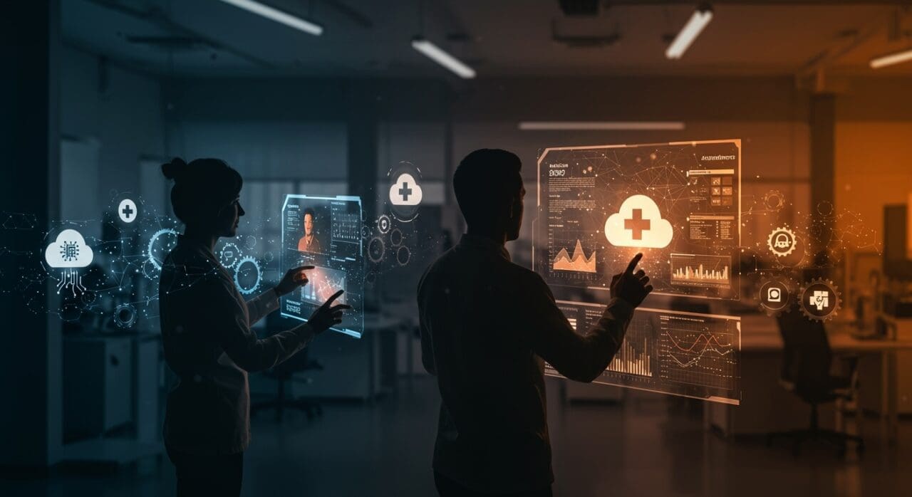 Profesionales colaborando con interfaces digitales que representan la inteligencia artificial y transformación digital en el sector salud impulsadas por AstraZeneca y Microsoft en España.