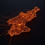 Atlas oficial de Corea del Norte con mapas geopolíticos y narrativa visual destacada en colores naranja y negro para análisis de tendencias de mercado.