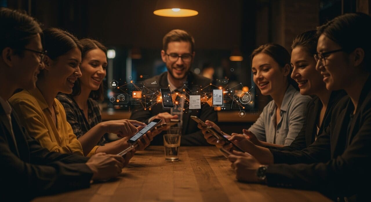 Clientes de restaurante en Chile utilizan tecnología de pagos digitales para dividir cuentas facilitada por startups de automatización.