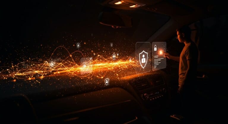 Autos conectados y privacidad de datos en automoción tech visualizados con un fundador tech interactuando con configuraciones de privacidad digitales.