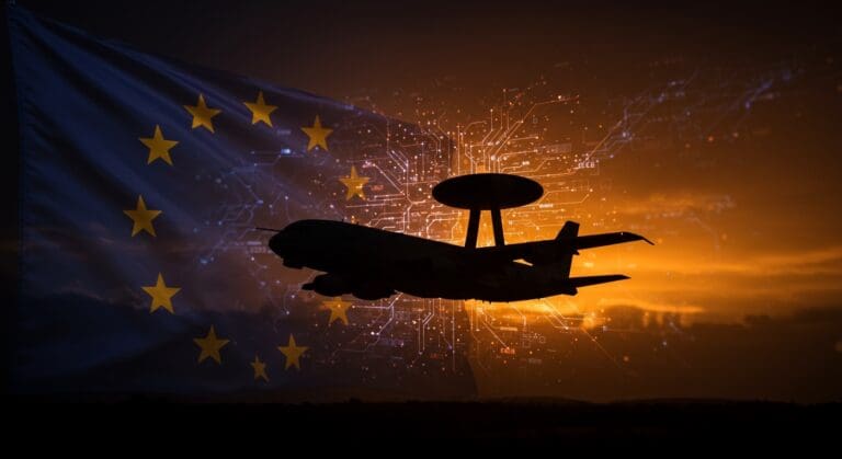 Avión AWACS europeo con símbolos de defensa tecnológica, reflejando la apuesta por la autonomía en defensa militar europea.