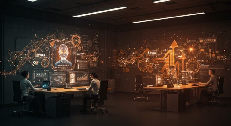 Interacción profesional con interfaces holográficas de IA multimodal Baidu ERNIE 5 superando a GPT-5 en automatización y rendimiento empresarial.