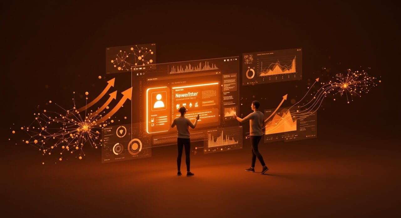 Interfaz futurista de newsletter con IA aplicada y analítica en tiempo real, representando la expansión y automatización para creadores de contenido en SaaS.