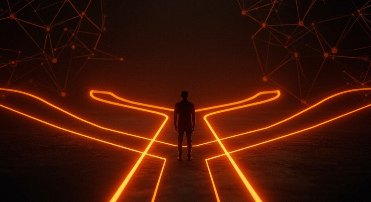 Founder contemplando decisiones estratégicas, representando objetivos, bienestar y resiliencia en startups con paleta naranja y negro.