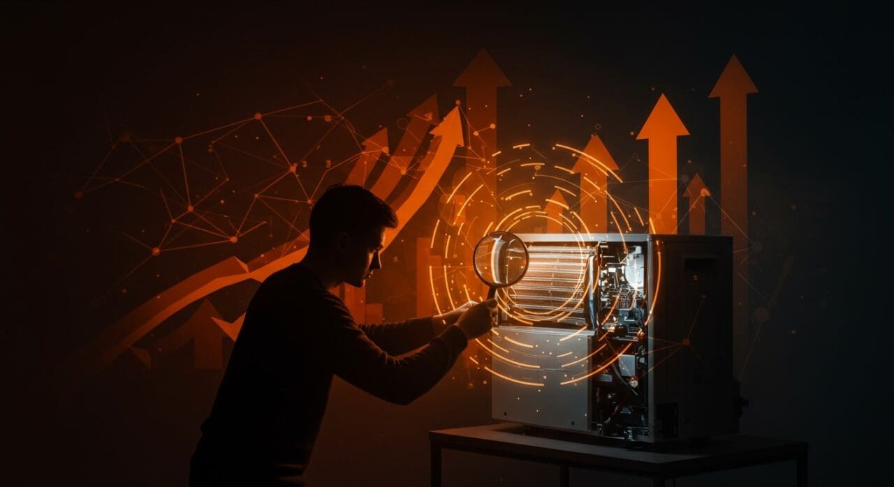 Aire acondicionado moderno en entorno tecnológico con metáforas visuales de inteligencia artificial y economía para ilustrar costos y beneficios tecnológicos.
